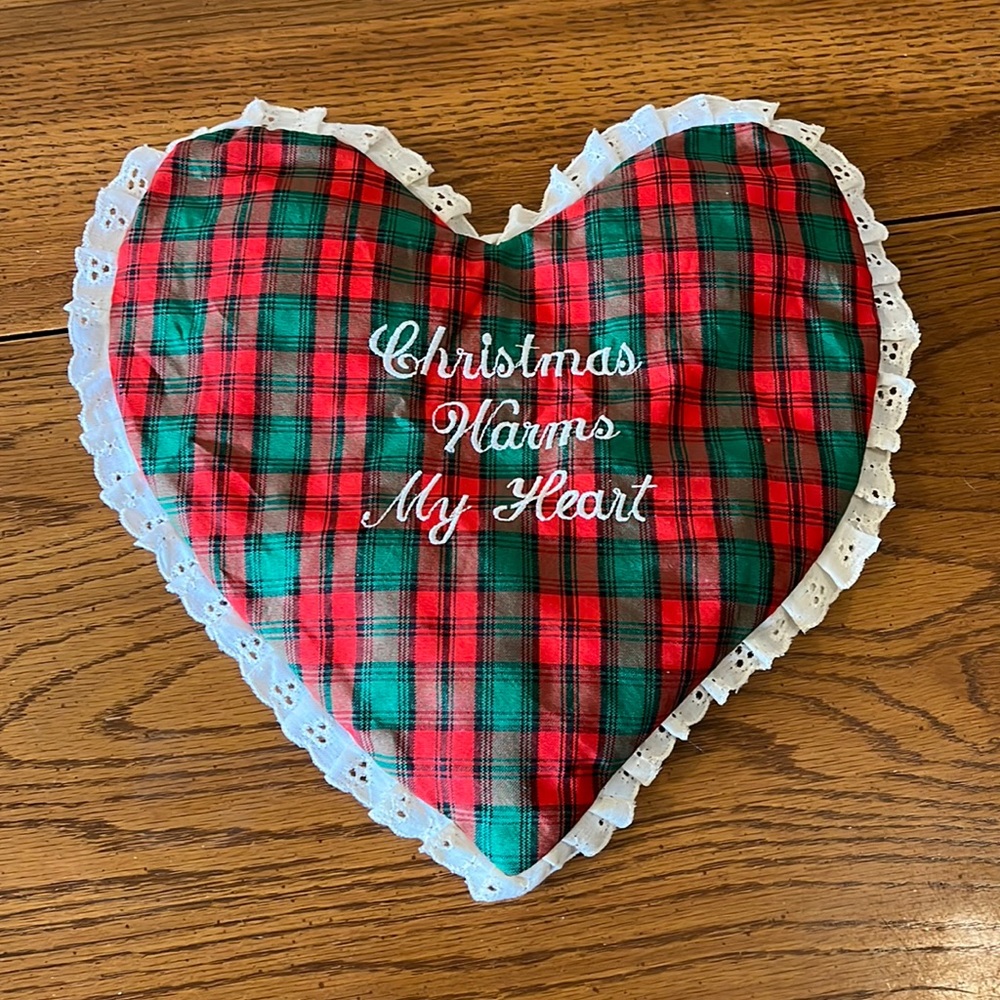 Handmade Christmas heart table decor, red and green plaid